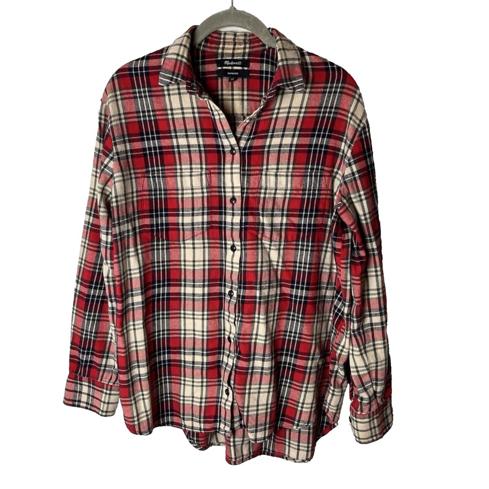 Madewell Oversized Flannel Shirt Size XS Plaid Long Sleeves Cotton Red Blue